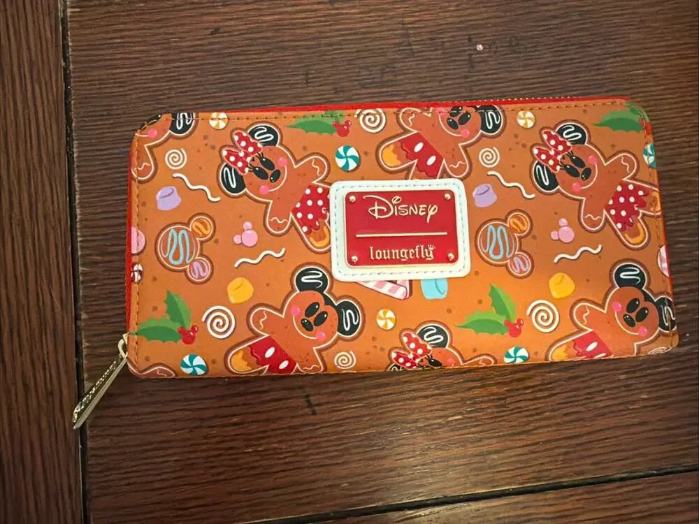 Loungefly Disney Gingerbread Mickey Minnie Zip Wallet Red Multicolor Gold